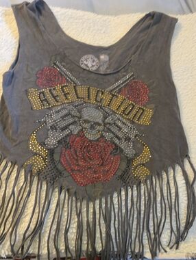 Affliction Gray Fringe Crop Tank with Red Rose & Studded Skull Graphic